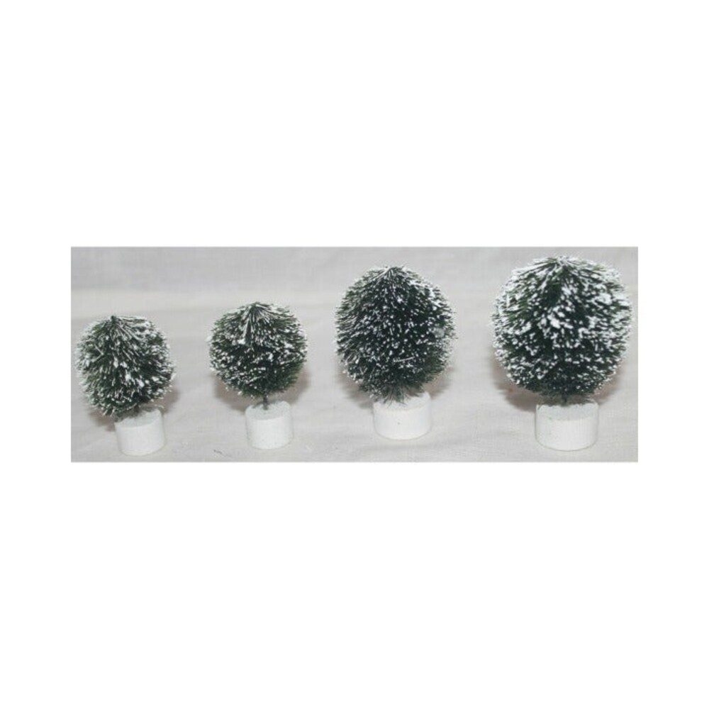 4 PC Medium 3" & Small 2" Christmas Village Flocked Bushes w/ Wooden Base